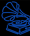 Music 1 LED Neon Sign With Dimmer 15 Inch Tall By 19 Inch Wide Black Square Cut Acrylic Backing neon gramophone design