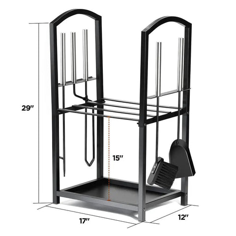 Two Tier Firewood Rack for Indoor Outdoor Use with Fireplace Tools Set Including Brush Shovel Poker Tongs Waterproof Steel Log Holder