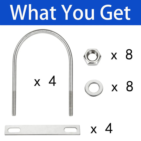 4 Pack Square U Bolts Four And One Half Inch Stainless Steel With Plates Nuts And Flat Washers M10 Round For Car RV Trailer Bumper Boat Marine Applications Built To Last product shown with contents including bolts, nuts, washers, and plates.