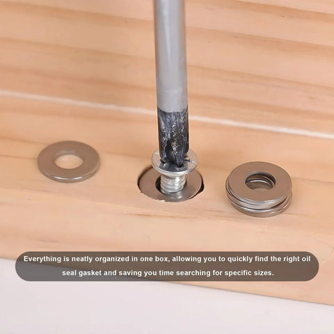 80 Pack Car Oil Drain Plug Crush Washers Set With 10mm 12mm 14mm 16mm 18mm Copper Gaskets For Tight Seals shown on wooden board.