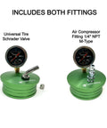 Turbo Boost leak tester kit with green aluminum base; left view shows Schrader valve gauge, right view shows 1/4" NPT air fitting.