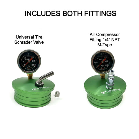 Turbo Boost leak tester kit with green aluminum base; left view shows Schrader valve gauge, right view shows 1/4" NPT air fitting.