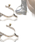 Stainless Steel Western Horse Spurs For Boots With Rotatable Gears, Carved Decoration For Men And Women, shown with boot in use.