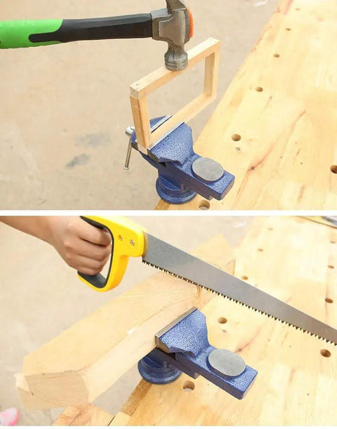 Beefy Clamp On Vise For Home Workshop With 3.0 Inch Jaw Opening holding wood while hammered and sawed, on table edge