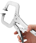 Person holding Two Pack 11 Inch Locking C Clamp Set, Heavy Duty Locking Pliers With Adjustable Jaws, Wide 3.4 Inch Opening for Woodworking