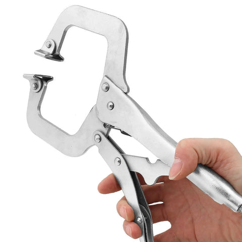 Person holding Two Pack 11 Inch Locking C Clamp Set, Heavy Duty Locking Pliers With Adjustable Jaws, Wide 3.4 Inch Opening for Woodworking