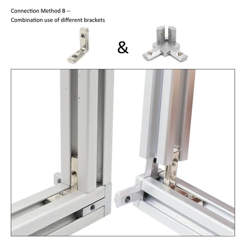L Shape Corner Connector Bracket Set For 20x20 Aluminum Extrusion Profiles 6mm Slot installed on frame, showing combination use.