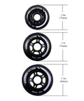Three Rollerex VXT500 inline skate wheels, sizes 72mm, 76mm, 80mm, showing measurements and steel black finish.