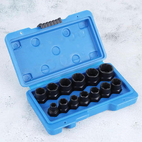 Bolt And Nut Removal Extractor Socket Tool Kit With Beast Grip For Tough Bolts, 3/8 Inch Square Drive, in open blue case