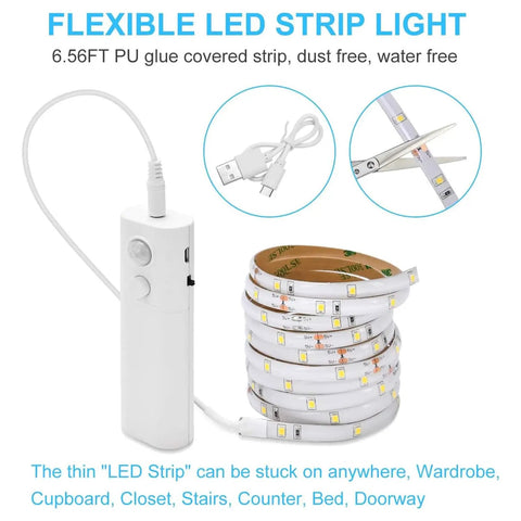 2-Pack Rechargeable LED Strip Lights With Motion Sensor 2M Cool White Auto On In Dark shown uncoiled with USB cable and control box