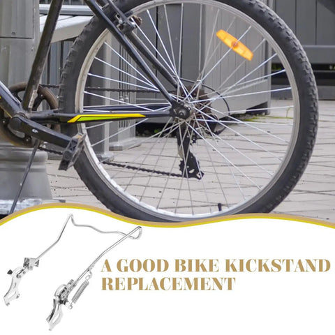Close-up of a parked bike using Adjustable Dual Leg Bike Kickstand With Non Slip Feet For Quick Release Tires Universal Metal Bicycle Stand
