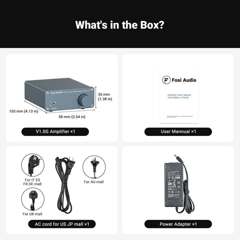 V1.0G 2 Channel Class D Mini Stereo Amplifier for Home Speakers with 50W per Channel Digital TPA3116 Chipset package contents