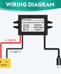 Diagram showing wiring setup for DC 12V 24V To 5V USB C Step Down Converter With Type C Interface 5A 25W Waterproof Buck Module.