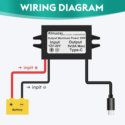 Diagram showing wiring setup for DC 12V 24V To 5V USB C Step Down Converter With Type C Interface 5A 25W Waterproof Buck Module.