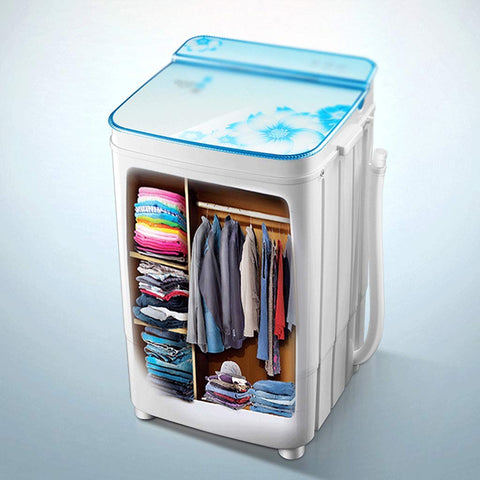 No Sweat Portable Washer With Easy Turn Timer Semi Auto Laundry Machine featuring frosted glass lid and compact design for college dorms.