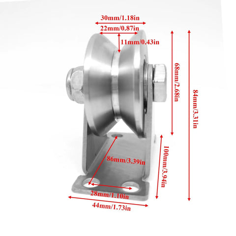 Side view of Heavy Duty Stainless Steel V Groove Gate Track Roller For Sliding Gates With Double Bearing Wheels Set Of 2 3 Inch Solid Bracket Plate Casters Garage Door Pulley For Rolling Gates And Industrial Machines, showing dimensions.