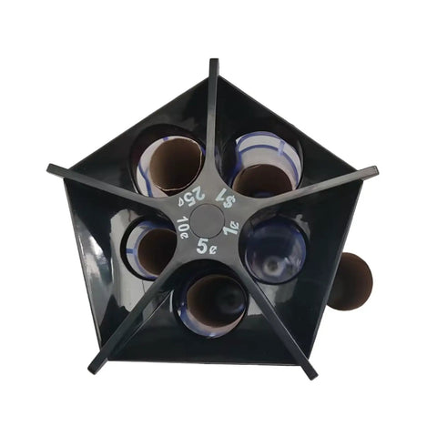 Top view of 5in1 Coin Counter And Sorter With Tube Wrapper Holder, showing coin slots and tubes for easy organization and sorting.