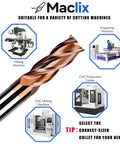 2-Piece Half Inch Carbide End Mill Bits Set with milling and CNC machine illustrations, suitable for alloy and hardened steel.