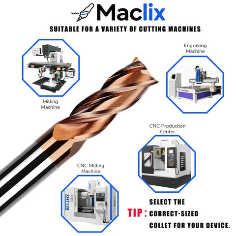 Two Piece 3/8 Inch Carbide End Mill Bits Set With Four Flutes, Two And A Half Inch Overall Length, 3/8 Inch Shank, For Alloy Steel Hardened Steel Copper Cast Iron, CNC Friendly shown with various CNC machines