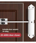 180 Degree Adjustable Door Closer With Hydraulic Damping, Black Aluminum Alloy Shell shown on wooden door, smooth silent close