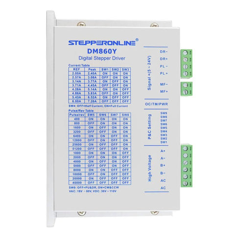 Front view of StepperOnline DM860Y digital stepper driver with dual green terminal blocks