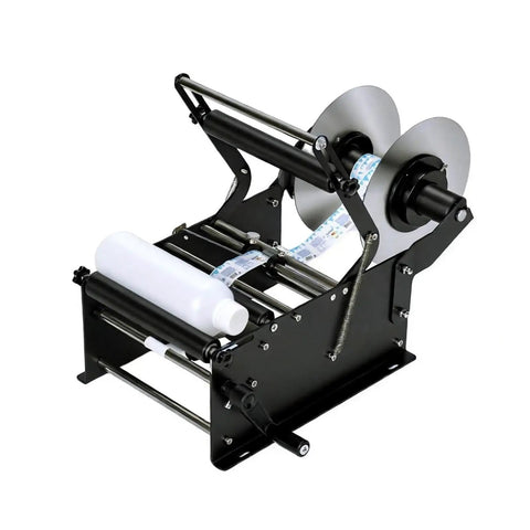 Handheld Adjustable Round Bottle Labeler For Smooth Glue Application with a white bottle and label roll visible.