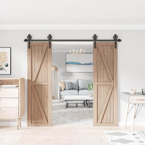 Heavy Duty Sliding Barn Door Hardware Kit For Wood Doors Double Track With Big Spoke Wheel Rollers Black Powder Coated Steel