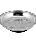 Round Magnetic Parts Tray With Heavy Duty Magnet Stainless Steel Workbench Organizer For Small Hardware And Tools Keeps Nuts Bolts And Screws In One Place, 5.5-inch silver tray with central magnet.