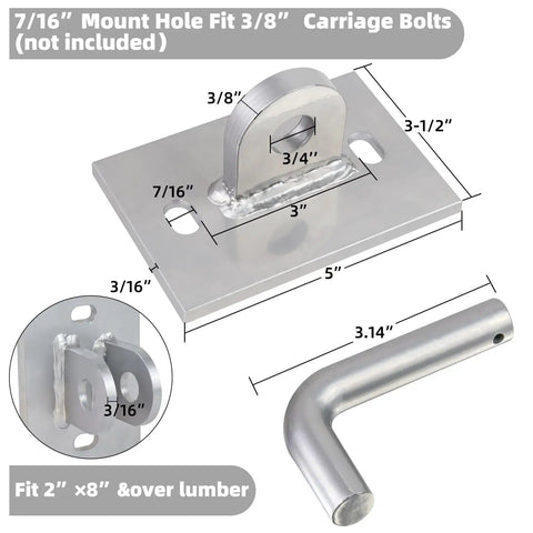 Beefy Heavy Duty Dock Hinge Kit For Floating Docks with T Style Corner Hinges, marine-grade steel, dimensions and specs shown.