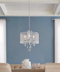 Three Light Polished Chrome Chandelier with K9 Crystal Dangles, Hardwired Ceiling Pendant, 72 Inch Chain in elegant dining room