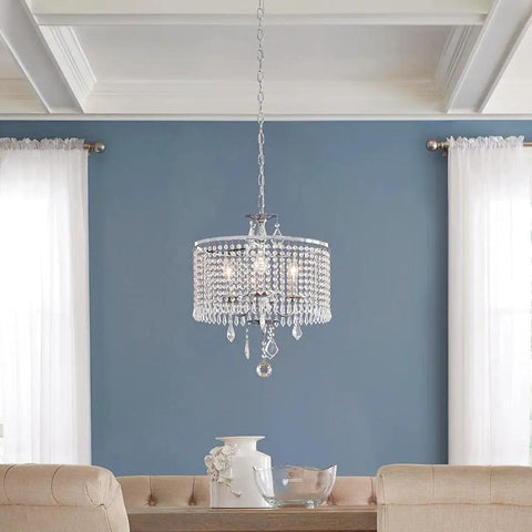 Three Light Polished Chrome Chandelier with K9 Crystal Dangles, Hardwired Ceiling Pendant, 72 Inch Chain in elegant dining room