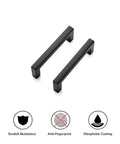10 Pack Solid Zinc Slim Square Drawer Handles For Cabinets, 3 Inch Center To Center Pulls, Matte Black Finish, two handles displayed.