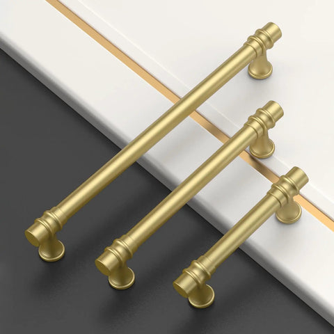 Three styles of 5 inch brushed gold cabinet handles, heavy duty metal build for kitchen upgrade, with rust proof durability.