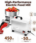 Premium 450W Electric Tomato Strainer Commercial Sauce Maker with strawberries, 304 stainless steel, 50kg/h capacity.