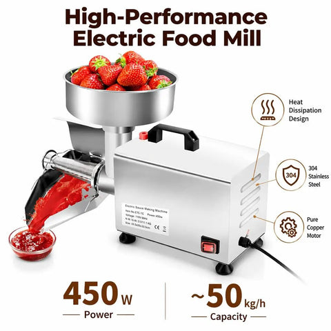 Premium 450W Electric Tomato Strainer Commercial Sauce Maker with strawberries, 304 stainless steel, 50kg/h capacity.