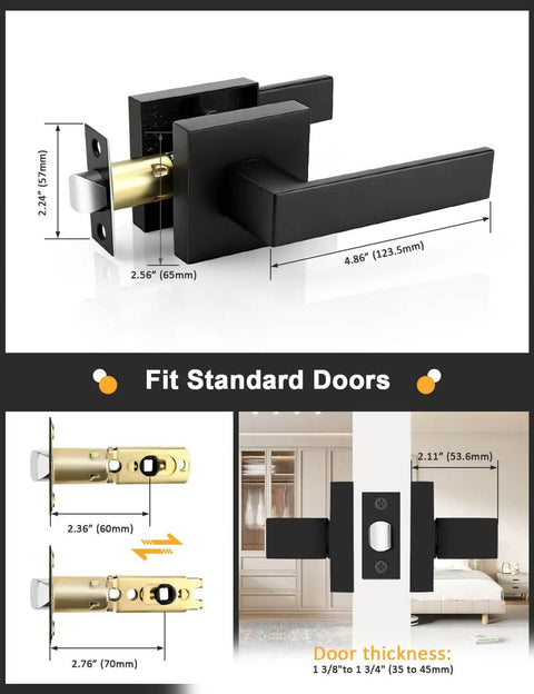 Square Black Interior Door Handle Set No Lock Passage Lever for Left or Right Handed Doors, Heavy Duty Matte Black Closet Door Handle, 1 Pack, Easy Install, Durable Zinc Alloy Build For Lasting Durability