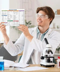 6x9 Laminated Periodic Table Poster For Classrooms And Study Spaces held by a student in a chemistry lab setting.