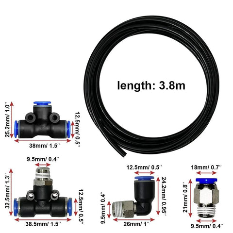 Sineside vacuum PU tubing and push-lock fittings kit; black tubing coil 3.8m with blue push-lock connectors and metal adapters