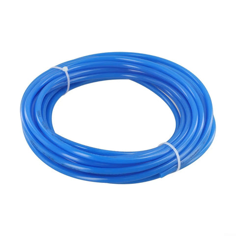 Rock Solid PU Pneumatic Air Hose Kit 6mm OD 4mm ID 10m Length With Connector Elbows Joints For Air Tools Machining Yard Work No Crease Flow Design For Easy Install Works Like A Charm Any Time At Your Shop Or Garage Anywhere. coiled blue PU air hose on white background