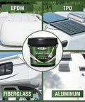 Tough As Nails Roof Waterproof Sealant And Liquid Rubber Membrane For Concrete Metal And RV Roofs With Self Leveling Formula images showing EPDM, TPO, fiberglass, and aluminum surfaces.