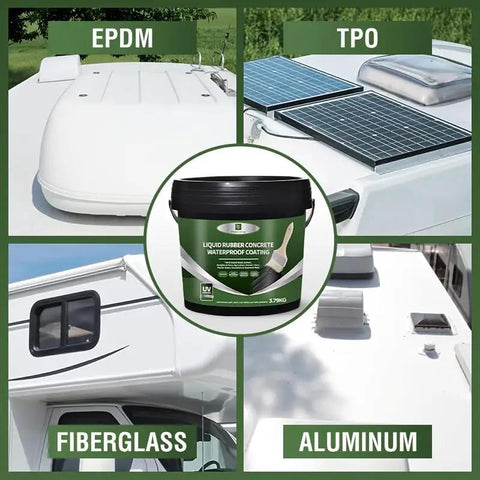 Tough As Nails Roof Waterproof Sealant And Liquid Rubber Membrane For Concrete Metal And RV Roofs With Self Leveling Formula images showing EPDM, TPO, fiberglass, and aluminum surfaces.