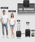 Size comparison of underseat carry on luggage with wheels 16 inch 30L waterproof PVC next to people and standard luggage.