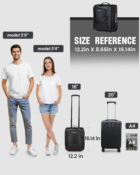Size comparison of underseat carry on luggage with wheels 16 inch 30L waterproof PVC next to people and standard luggage.