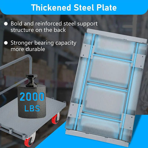 Heavy Duty Steel Panel Truck Cart Built Like A Tank With 2000 Lbs Capacity And Six Inch Smooth Wheels for moving drywall and lumber, showing thickened steel plate.