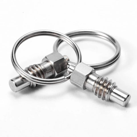 Snag This Badass 2Pack Stainless Steel Spring Plunger Kit With Pull Ring Offering Nonlocking Stubby Design Plus 3/8-16 Threads, close-up of plungers.