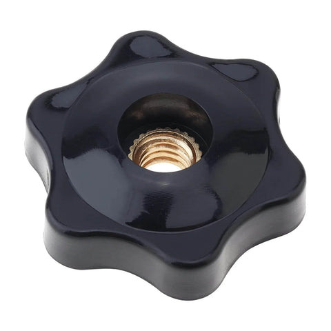 Close-up of Must Have Ten Pack Six Star Knobs With One Quarter Inch Twenty Female Threads showing brass insert and black finish.