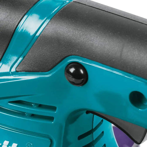Close-up of 18V LXT Cordless Grass Shear With Hedge Trimmer Blade handle, showing the black and blue ergonomic grip.