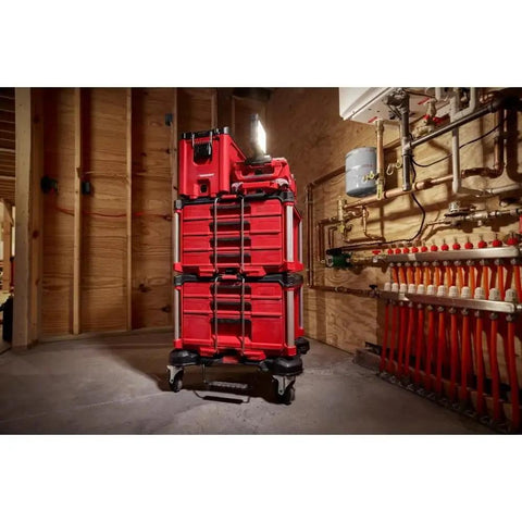 22 Inch 4-Drawer Polymer Tool Box with Quick Adjust Dividers and Modular Storage System in a workshop setting