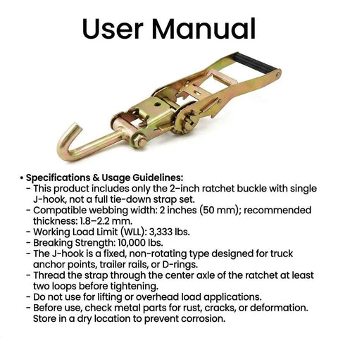 User manual for Bombproof 2 Inch Ratchet Buckle With Fixed J Hook Replacement Kit For Heavy Duty Tie Down Straps, specifications and guidelines.