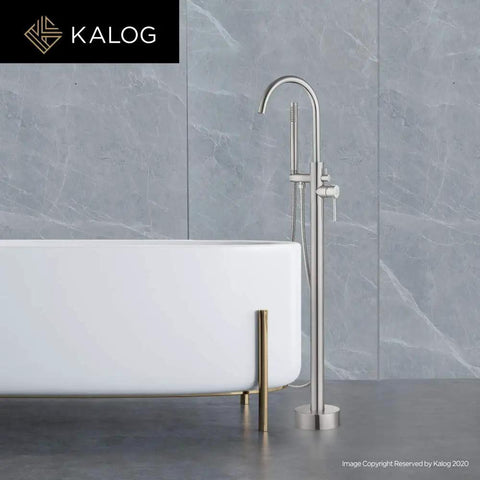 Freestanding Tub Filler Floor Mount Bath Faucet With Handheld Shower 360 Degree Swivel Spout Stable Tripod Base Includes Hardware For No Fuss Install And 59 Inch Stainless Hose Brushed Nickel Finish